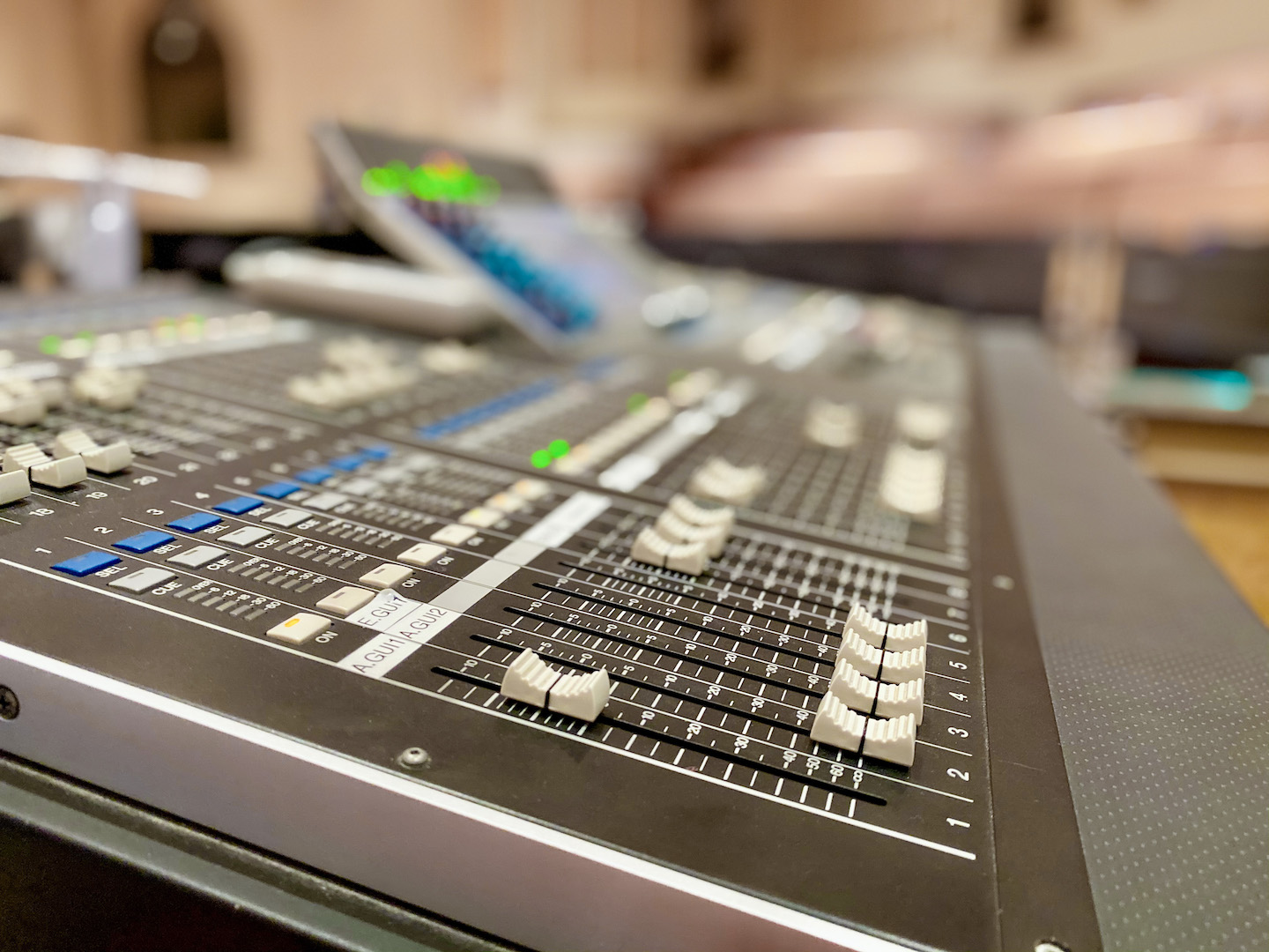 Close-up of the sound mixing console